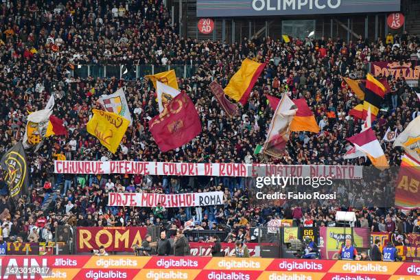 Roma fans during the Serie A match between AS Roma and US Sassuolo at Stadio Olimpico on March 12, 2023 in Rome, Italy.
