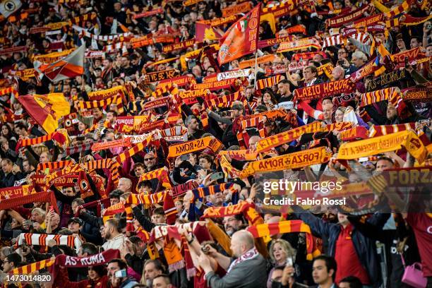 Roma fans during the Serie A match between AS Roma and US Sassuolo at Stadio Olimpico on March 12, 2023 in Rome, Italy.