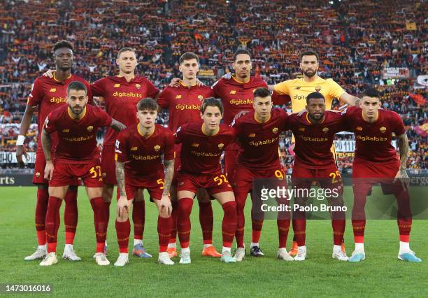 Players of AS Roma pose for a team photo prior to the Serie A match between AS Roma and US Sassuolo at Stadio Olimpico on March 12, 2023 in Rome,...
