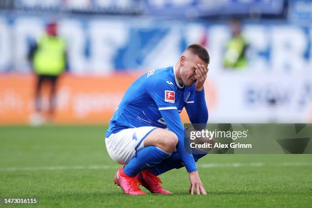 Pavel Kaderabek of TSG Hoffenheim looks dejected at full time during the Bundesliga match between Sport-Club Freiburg and TSG Hoffenheim at...