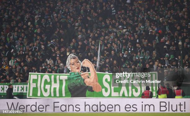 Fans of SV Werder Bremen display a banner in the stands during the Bundesliga match between SV Werder Bremen and Bayer 04 Leverkusen at Wohninvest...