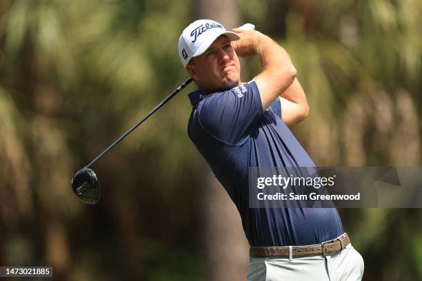 Tom Hoge of the United States plays his shot from the second tee during the final round of THE PLAYERS Championship on THE PLAYERS Stadium Course at...