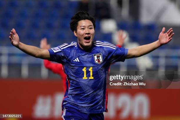 Sakamoto Isa of Japan celebrates his goal during the match between Japan and Jordan for Quarter Finals - AFC U20 Asian Cup Uzbekistan at Lokomotiv...