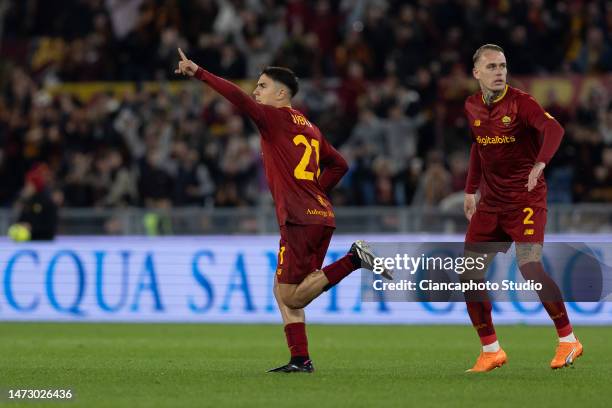 Paulo Dybala of AS Roma celebrates after scoring his team's second goal during the Serie A match between AS Roma and US Sassuolo at Stadio Olimpico...