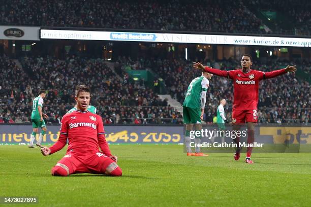 Adam Hlozek of Bayer 04 Leverkusen celebrates after scoring the team's third goal during the Bundesliga match between SV Werder Bremen and Bayer 04...