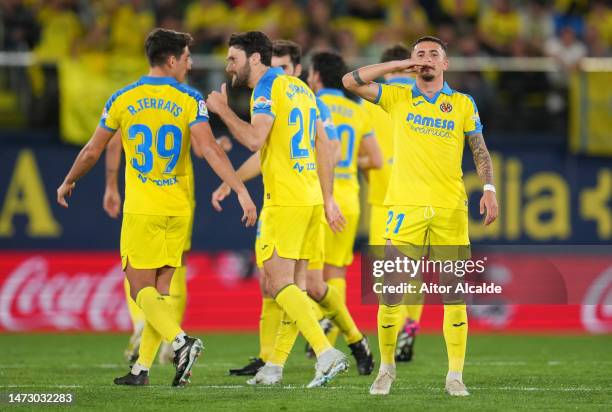 Yeremi Pino of Villarreal CF celebrates with teammates after scoring the team's first goal during the LaLiga Santander match between Villarreal CF...