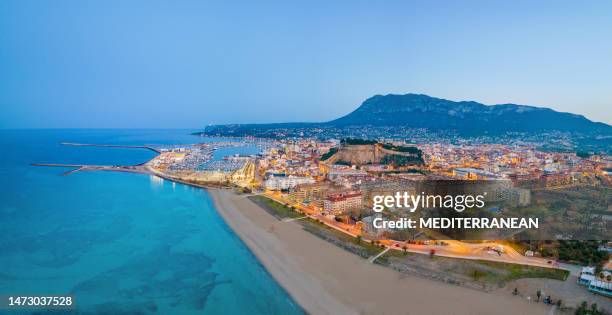 denia aerial skyline sunset in mediterranean alicante, spain drone costa blanca - denia stock pictures, royalty-free photos & images