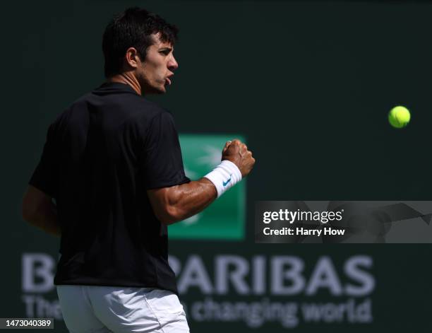 Cristian Garin of Chile reacts after winning a point in his match against Casper Ruud of Norway during the BNP Parisbas at the Indian Wells Tennis...