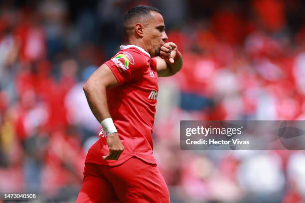 Camilo Sanvezzo of Toluca celebrates after scoring the team's fourth goal during the 11th round match between Toluca and Mazatlan FC as part of the...