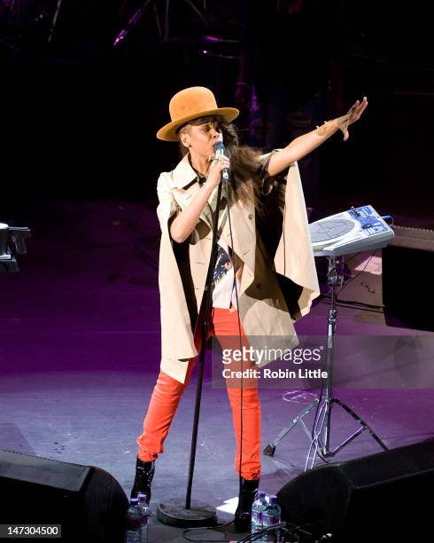 Erykah Badu performs on stage at HMV Hammersmith Apollo on June 27, 2012 in London, United Kingdom.