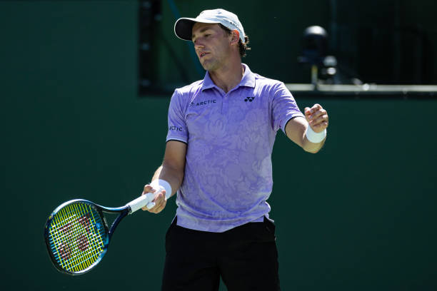 Casper Ruud of Norway looks frustrated during his match against Cristian Garin of Chile in the third round of the BNP Paribas Open on March 12, 2023...