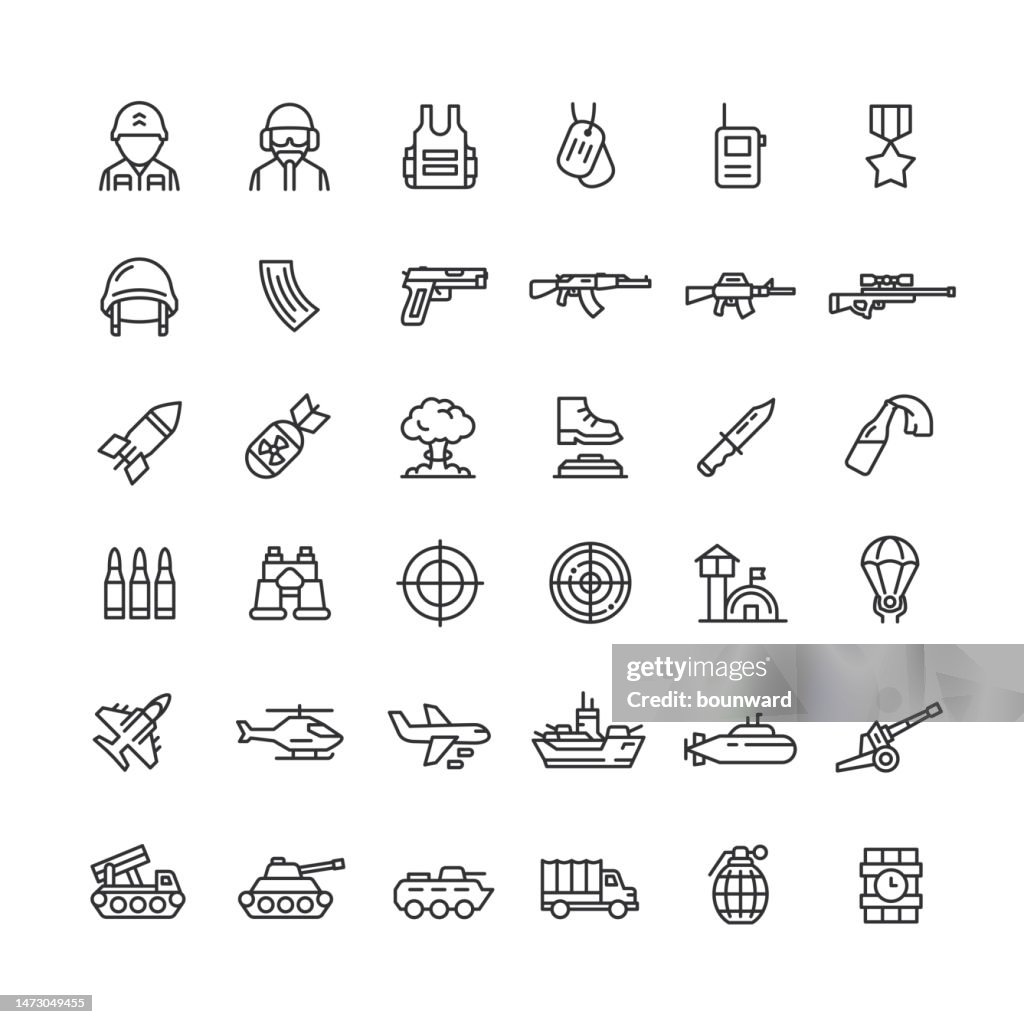 Ícones da Linha da Indústria de Defesa. Traçado editável.