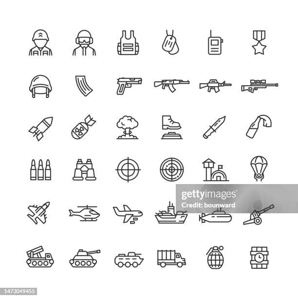 defense industry line icons. editable stroke. - 軍用陸上交通工具 幅插畫檔、美工圖案、卡通及圖標