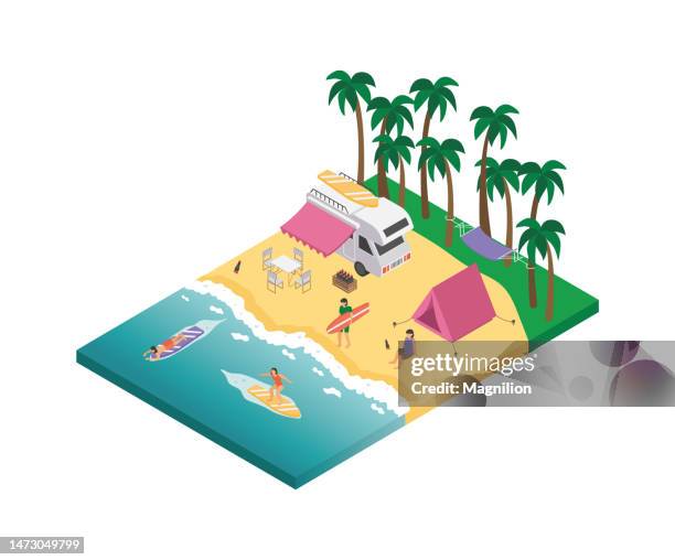 illustrazioni stock, clip art, cartoni animati e icone di tendenza di spiaggia con vettore isometrico di surf - bus isometric
