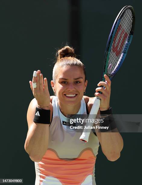 Maria Sakkari of Greece reacts against Anhelina Kalinina of Ukraine during the BNP Paribas Open on March 12, 2023 in Indian Wells, California.