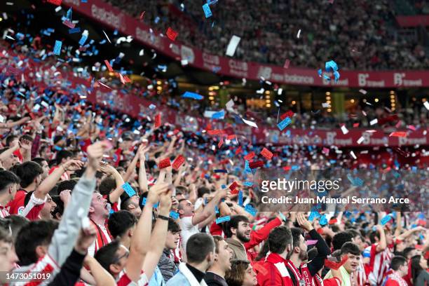 Fans show their support during the LaLiga Santander match between Athletic Club and FC Barcelona at San Mames Stadium on March 12, 2023 in Bilbao,...