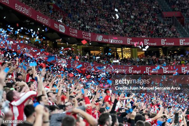 Fans show their support during the LaLiga Santander match between Athletic Club and FC Barcelona at San Mames Stadium on March 12, 2023 in Bilbao,...