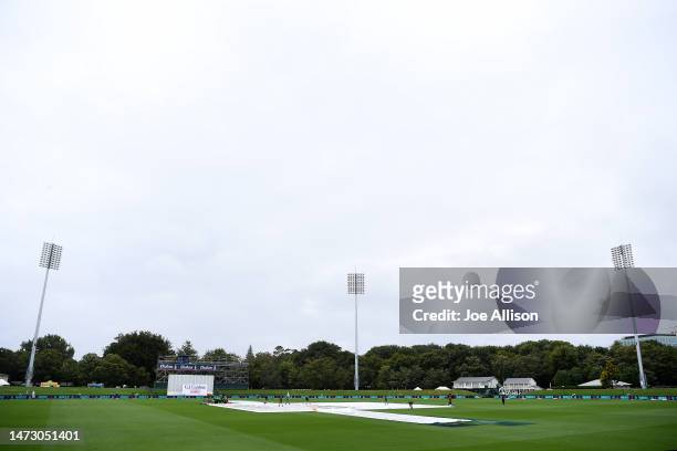 Covers are seen on the pitch ahead of day five of the First Test match in the series between New Zealand and Sri Lanka at Hagley Oval on March 13,...