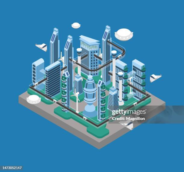 fantastic city of the future isometric vector - isometric street light stock illustrations