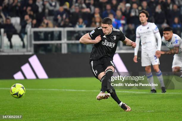 Dusan Vlahovic of Juventus takes a penalty which hits the post during the Serie A match between Juventus and UC Sampdoria at on March 12, 2023 in...