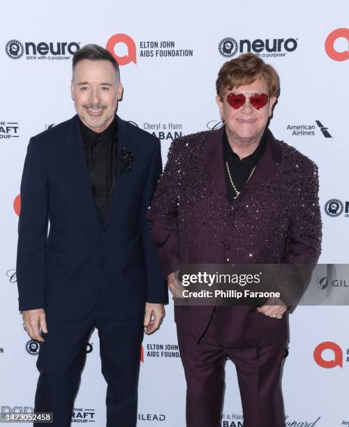 David Furnish and Elton John attend Elton John AIDS Foundation's 31st Annual Academy Awards viewing party on March 12, 2023 in West Hollywood,...