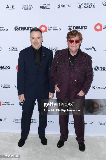David Furnish and Elton John attend Elton John AIDS Foundation's 31st Annual Academy Awards viewing party on March 12, 2023 in West Hollywood,...