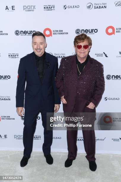 David Furnish and Elton John attend Elton John AIDS Foundation's 31st Annual Academy Awards viewing party on March 12, 2023 in West Hollywood,...