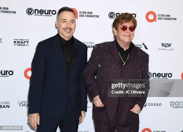 David Furnish and Elton John attend the Elton John AIDS Foundation's 31st Annual Academy Awards Viewing Party on March 12, 2023 in West Hollywood,...