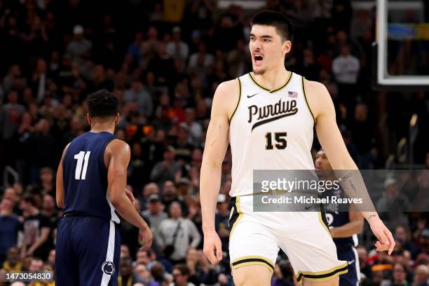 Zach Edey of the Purdue Boilermakers celebrates a play against the Penn State Nittany Lions during the second half in the Big Ten Basketball...