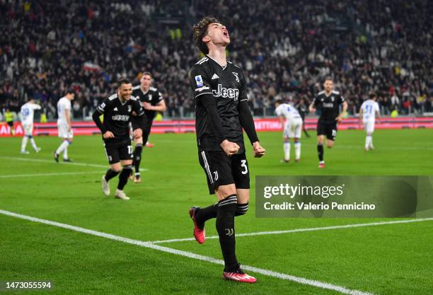 Matias Soule of Juventus celebrates after scoring the team's fourth goal during the Serie A match between Juventus and UC Sampdoria at on March 12,...