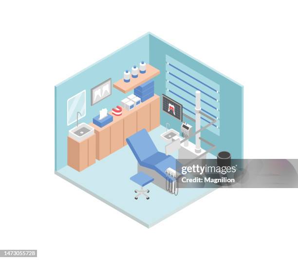 ilustraciones, imágenes clip art, dibujos animados e iconos de stock de odontología, dentista consultorio vector isométrico - consultorio odontólogo