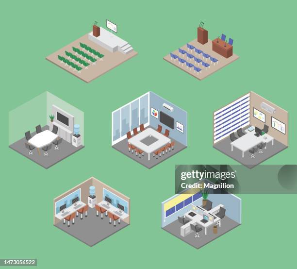 stockillustraties, clipart, cartoons en iconen met meeting rooms, conference room isometric vector - voorzitter