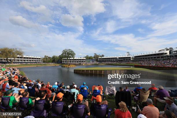 General view of the 17th green is seen as a gallery of fans look on during the final round of THE PLAYERS Championship on THE PLAYERS Stadium Course...