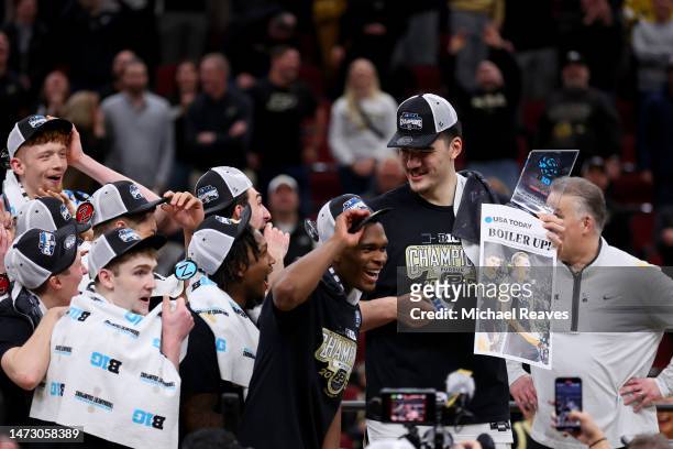 Zach Edey of the Purdue Boilermakers celebrates after defeating the Penn State Nittany Lions in the Big Ten Basketball Tournament Championship game...