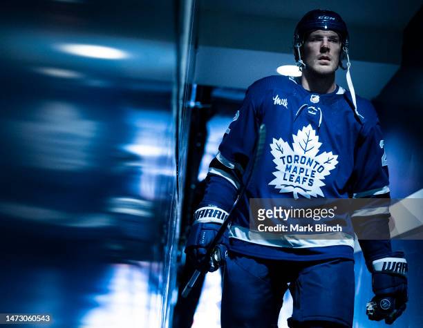 Jake McCabe of the Toronto Maple Leafs walks down the hallway to the locker room ahead of playing the Edmonton Oilers at the Scotiabank Arena on...