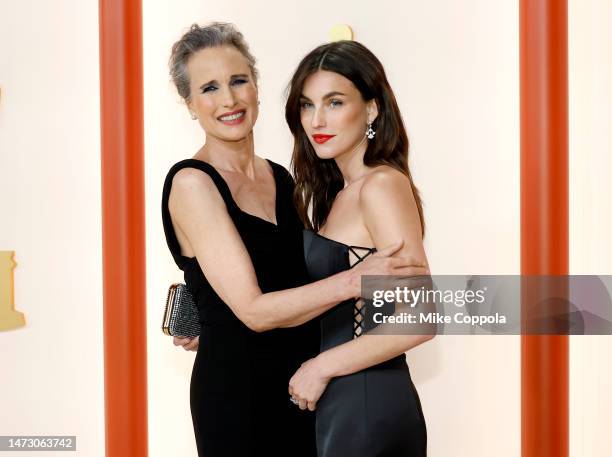 Andie MacDowell and Rainey Qualley attends the 95th Annual Academy Awards on March 12, 2023 in Hollywood, California.