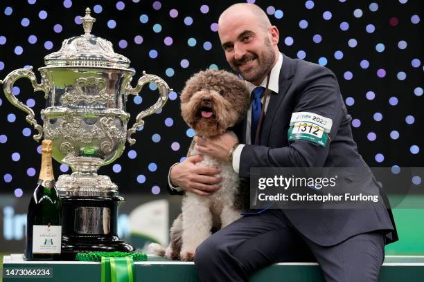 Orca, a Lagotto Romagnolo, winner of the Gundog group title, seen with handler Javier Gonzalez Mendikote, owned by Sabina Zdunić Šinković and Ante...