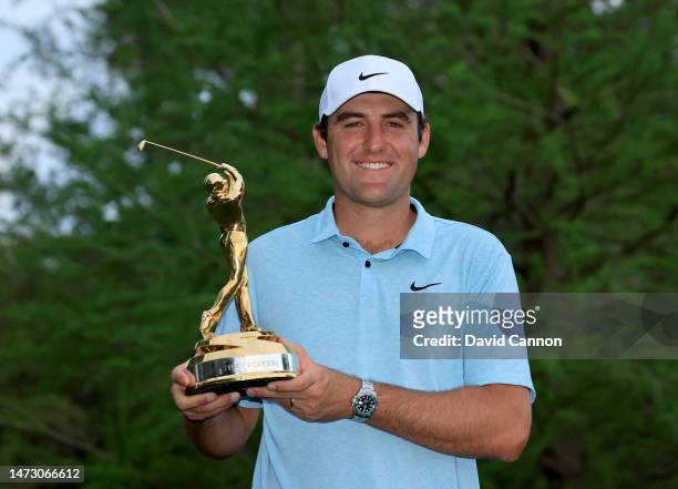 Scottie Scheffler of The United States holds The Players Championship trophy after the final round of THE PLAYERS Championship on THE PLAYERS Stadium...
