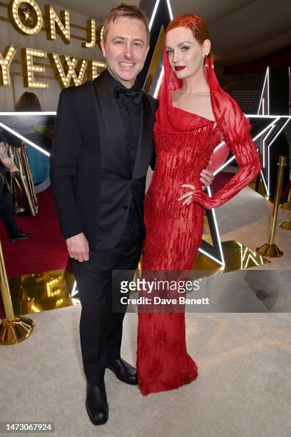 Chris Hardwick and Lydia Hearst attend the Elton John AIDS Foundation's 31st Annual Academy Awards Viewing Party on March 12, 2023 in West Hollywood,...