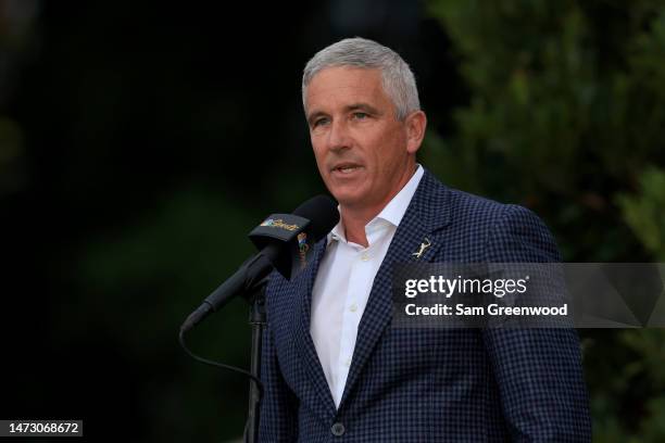 Jay Monahan, PGA TOUR Commissioner, speaks during the trophy ceremony during the final round of THE PLAYERS Championship on THE PLAYERS Stadium...