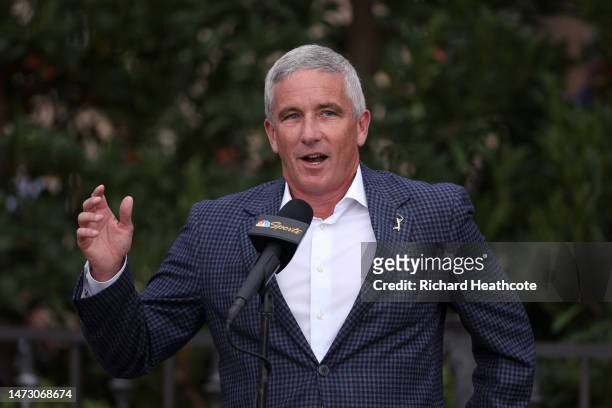 Jay Monahan, PGA TOUR Commissioner, speaks during the trophy ceremony during the final round of THE PLAYERS Championship on THE PLAYERS Stadium...