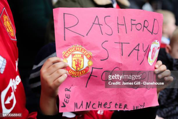 Hand drawn banner dedicated to Marcus Rashford of Manchester United is seen during the Premier League match between Manchester United and Southampton...