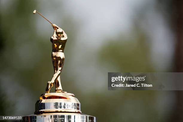 Detailed view of the trophy is seen before being awarded to Scottie Scheffler of the United States during the trophy ceremony after the final round...