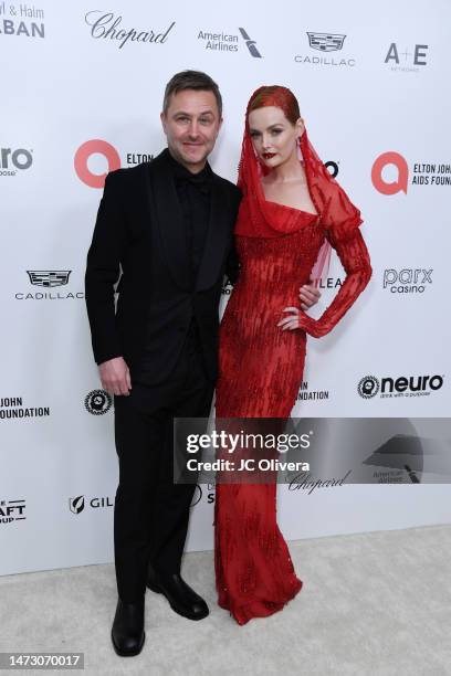 Chris Hardwick and Lydia Hearst attend the Elton John AIDS Foundation's 31st Annual Academy Awards Viewing Party on March 12, 2023 in West Hollywood,...