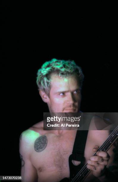Musician Flea and The Red Hot Chili Peppers perform at Madison Square Garden on February 9, 1996 in New York City.