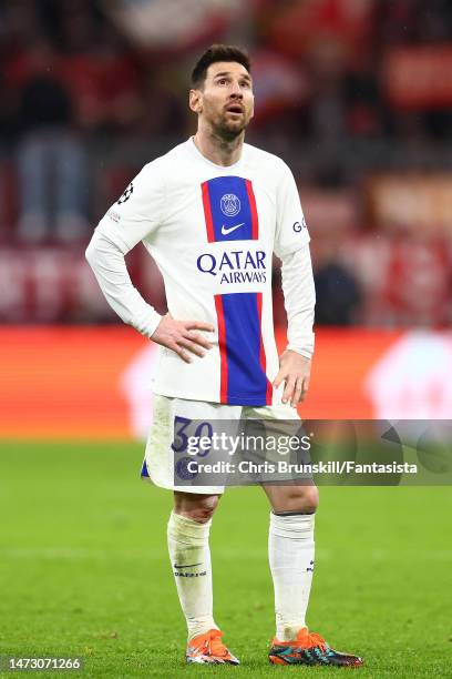 Lionel Messi of Paris Saint-Germain reacts during the UEFA Champions League round of 16 leg two match between FC Bayern München and Paris...