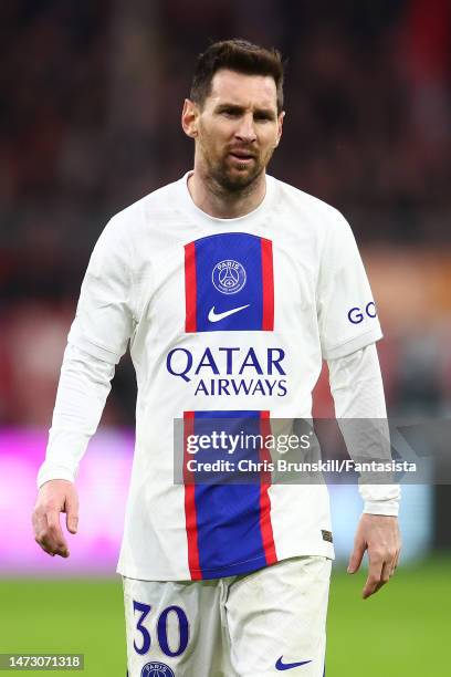 Lionel Messi of Paris Saint-Germain looks on during the UEFA Champions League round of 16 leg two match between FC Bayern München and Paris...