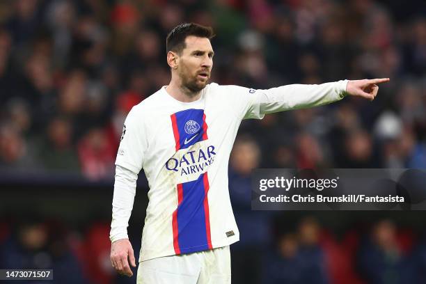 Lionel Messi of Paris Saint-Germain gestures during the UEFA Champions League round of 16 leg two match between FC Bayern München and Paris...