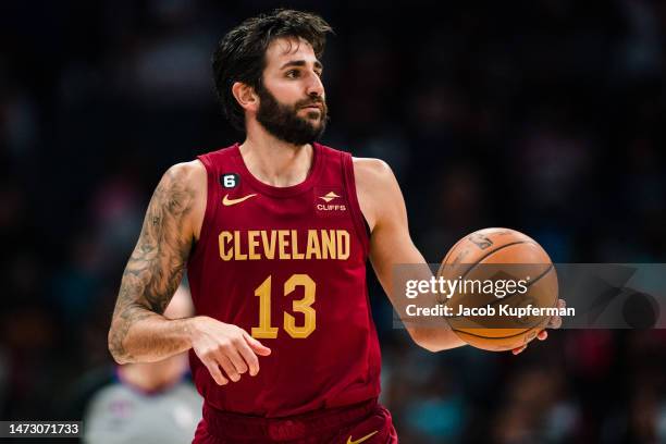 Ricky Rubio of the Cleveland Cavaliers brings the ball up court in the fourth quarter during their game against the Charlotte Hornets at Spectrum...