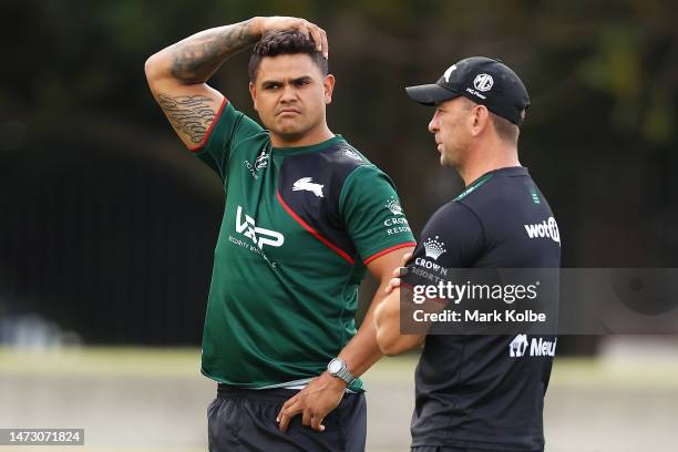 Latrell Mitchell l speaks to a Rabbitohs head coach Jason Demetriou during a South Sydney Rabbitohs NRL training session at Redfern Oval on March 13,...